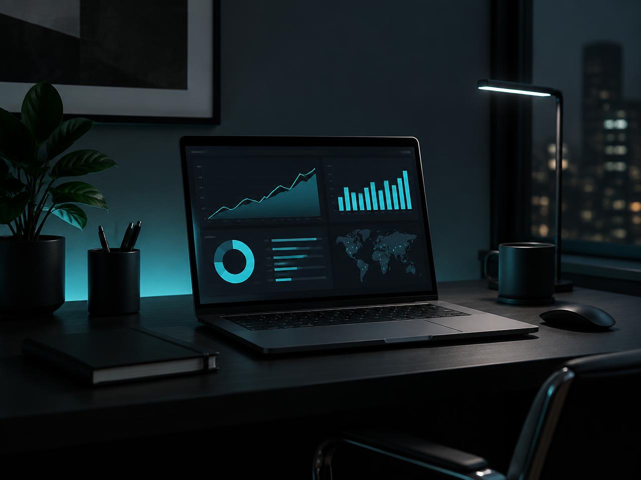 A modern workspace with an analytics dashboard on screen